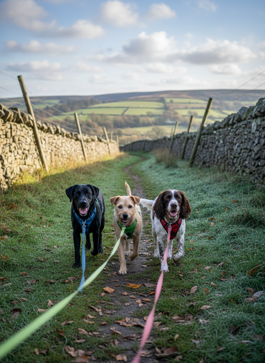 A cheerful group of three dogs—a black Labrador, a tan terrier, and a speckled spaniel—walking side-by-side along a leafy Glossop footpath bordered by traditional dry stone walls. Each dog wears a different coloured harness, attached to neatly held, tangle-free leads converging out of frame. Early morning light breaks through scattered clouds, creating a soft, cool glow that highlights the dogs’ coats and the dew on the grass. The background shows rolling Derbyshire hills slightly blurred, conveying depth and space. Captured from a low, forward-facing angle as if walking alongside, with dynamic yet controlled composition, the image feels energetic but safe, embodying professional, local dog walking in crisp photographic realism.
