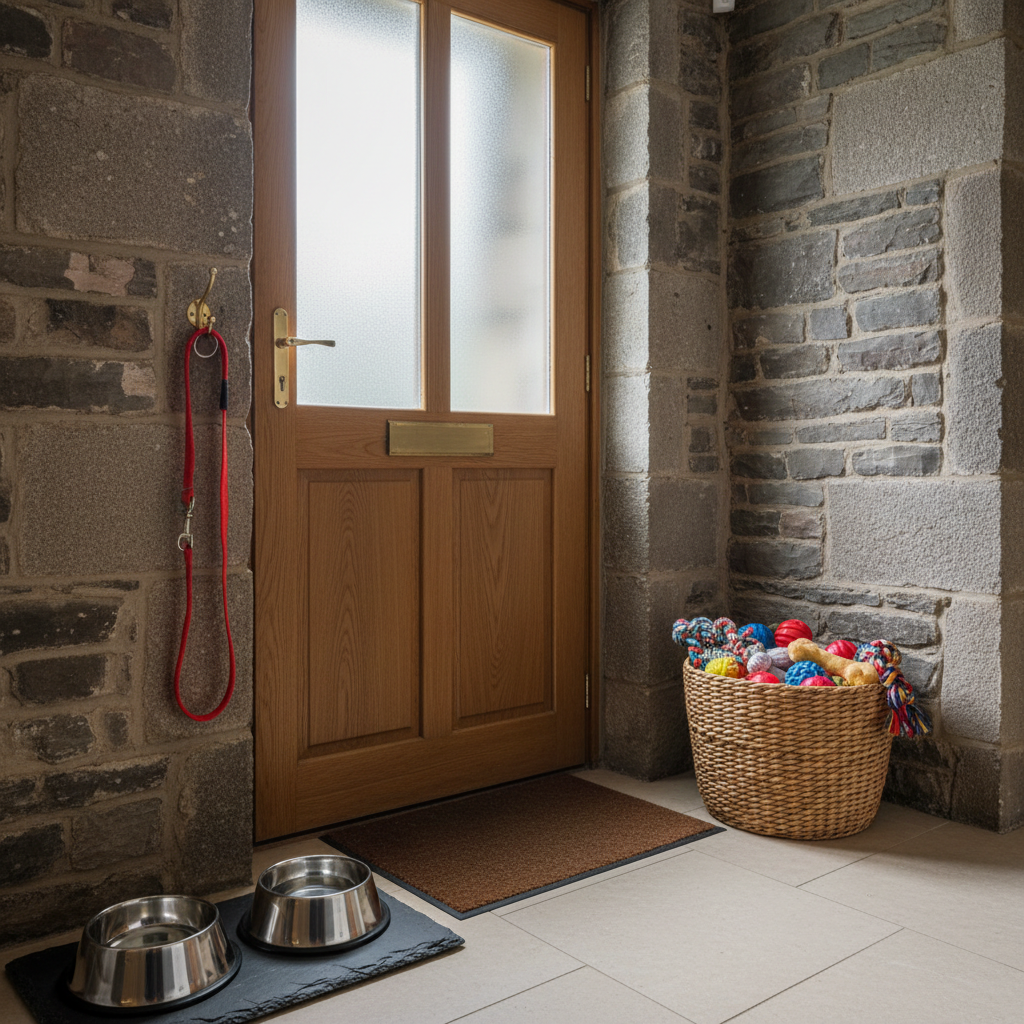A tidy hallway of a typical Glossop stone-built home, with a sturdy oak door slightly ajar and a glossy red dog lead hanging neatly from a brass hook. Below, a pair of stainless steel food and water bowls sit on a dark slate mat beside a woven basket overflowing with colourful dog toys, from rope tugs to rubber balls. Soft overcast daylight filters through frosted glass panels in the door, casting gentle, diffuse illumination and subtle reflections on the polished floor tiles. The mood is calm, organized, and welcoming. Captured from a slightly elevated angle with balanced composition and clear, photographic realism, emphasizing reliability and preparedness for professional dog walking and pet sitting.