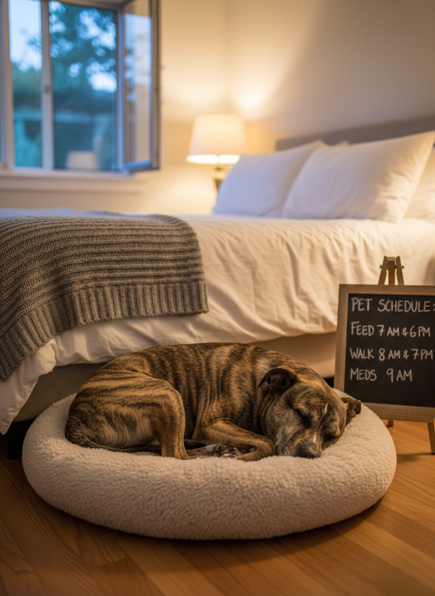 A medium-sized brindle dog peacefully sleeping on a plush dog bed in a cosy bedroom, positioned near the foot of a neatly made bed with crisp white linens and a soft grey throw. A small chalkboard on the bedside table shows a handwritten pet care schedule with feeding and walking times clearly visible. Warm bedside lamp light pools gently across the room, mixing with faint twilight blue from a partially open window, creating a secure, cared-for feeling. Shot from a low, three-quarter angle with the dog in the foreground and the schedule in gentle focus behind, the composition reinforces attentive, professional in-home pet care in a clean, photographic realism style.