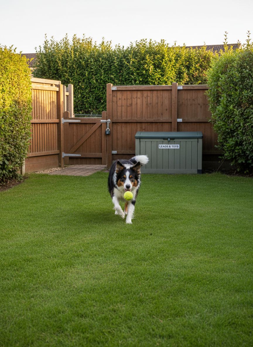 A spacious, tidy garden of a semi-detached Glossop home, enclosed by secure wooden fencing and mature hedges, with a medium-sized collie joyfully chasing a bright yellow tennis ball across well-kept grass. A sturdy, locked gate is visible in the background alongside a clearly marked garden storage box for leads and toys. Late afternoon golden light warms the scene, casting long, gentle shadows and giving the dog’s fur a rich, vibrant sheen. Captured from a slightly low angle, the ball is mid-air with the dog in focused motion, while the secure perimeter remains clearly visible. The photographic realism style and balanced composition emphasize both playful exercise and the safety-focused professionalism of the dog sitting service.