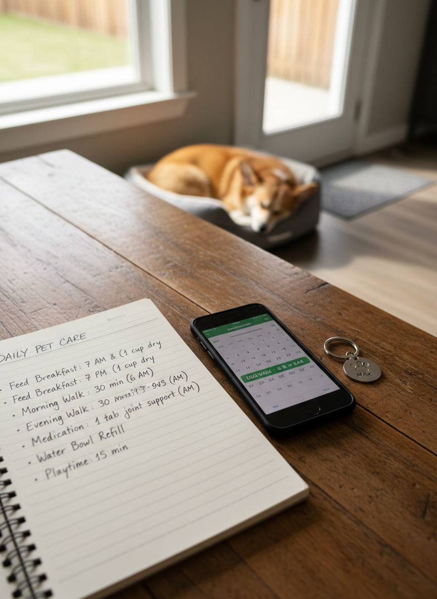 An open notebook on a wooden kitchen table in a cosy home, its pages filled with a neatly written pet care checklist including feeding times, walk durations, medication reminders, and emergency contacts. Beside it lies a smartphone displaying a calendar with scheduled dog walks, and a labelled keyring with a small paw-print tag. In the background, slightly out of focus, a content small dog rests in a dog bed near the back door. Soft midday natural light pours through a nearby window, creating clean highlights and subtle shadows, giving the scene a professional yet homely feel. Photographed from a top-down, slightly angled perspective with sharp focus on the checklist, this photographic realism composition highlights organized, reliable dog sitting services.