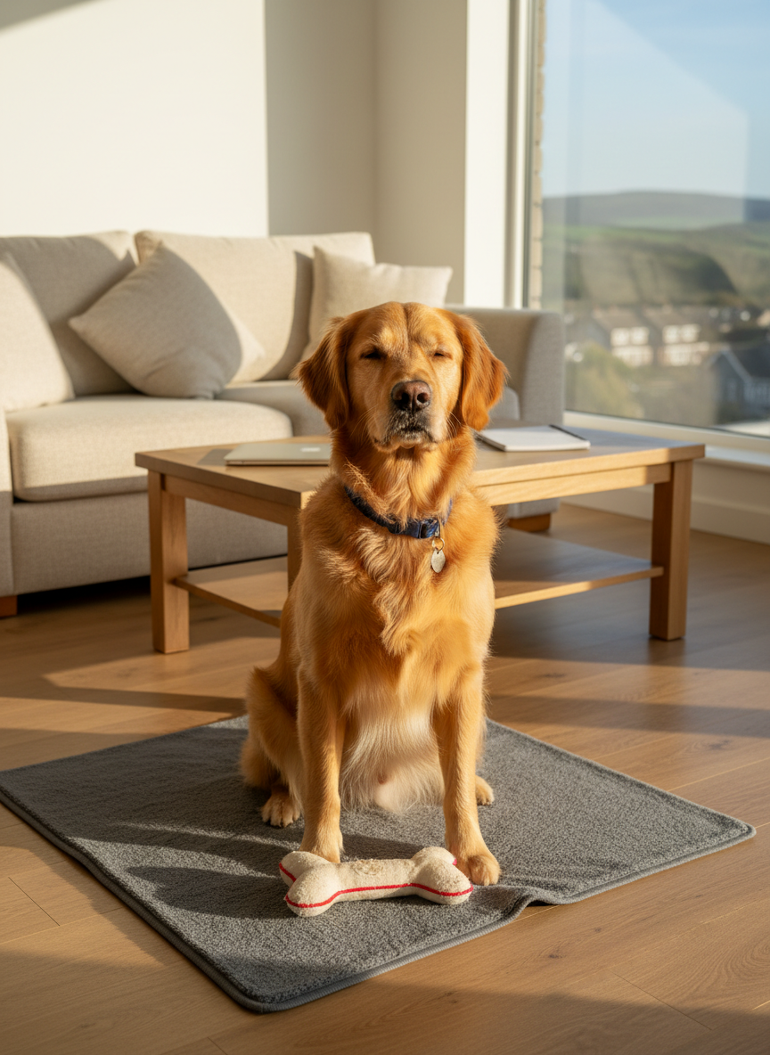 A well-groomed golden retriever sitting calmly on a neatly folded grey dog blanket in a bright, modern living room. The dog wears a simple navy collar with a small silver tag, looking relaxed and content, a favourite plush bone toy resting by its paws. The room features a soft neutral sofa, a low wooden coffee table with a closed laptop and notebook, and a large window revealing a hint of Glossop’s green hills outside. Gentle afternoon natural light fills the space, creating soft shadows and a warm, reassuring atmosphere. Photographed at eye level with a shallow depth of field, the dog is in crisp focus while the background is softly blurred, conveying professional, trustworthy dog sitting in a homely, photographic realism style.
